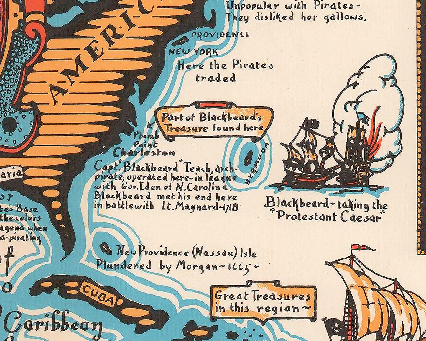 Map of famous PIRATES 1938 Darby Harbold - Blackbeard Morgan Lafitte