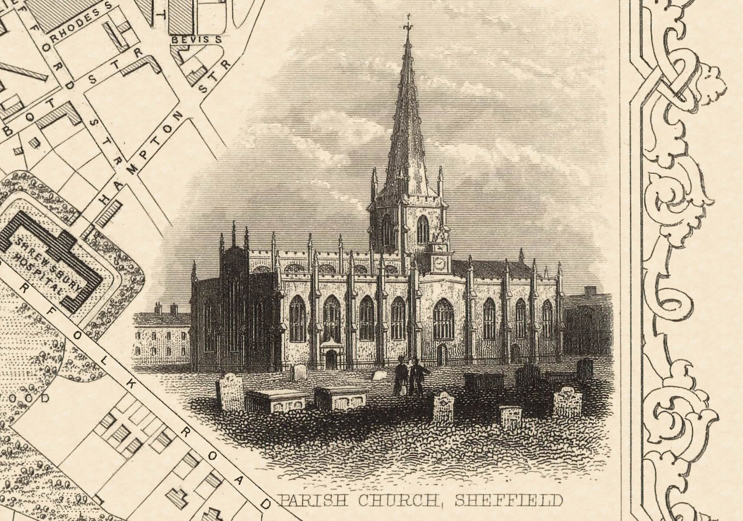 Vintage SHEFFIELD Map 1851 by John Rapkin