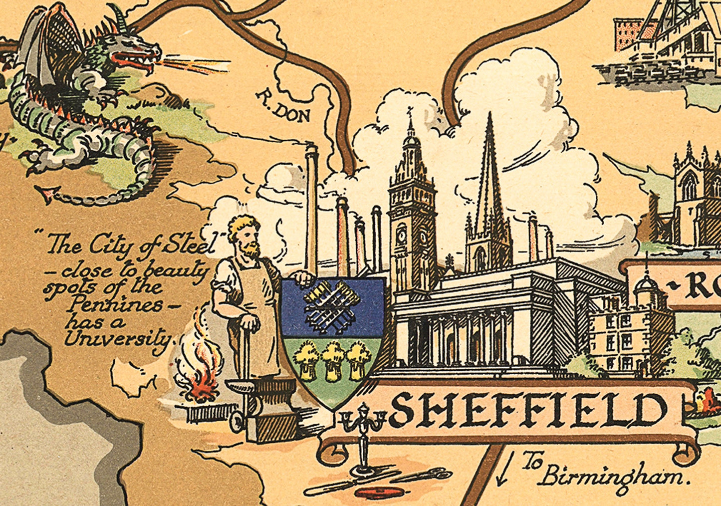 Vintage YORKSHIRE RAILWAYS Map, 1949 by Estra Clark, pictorial map