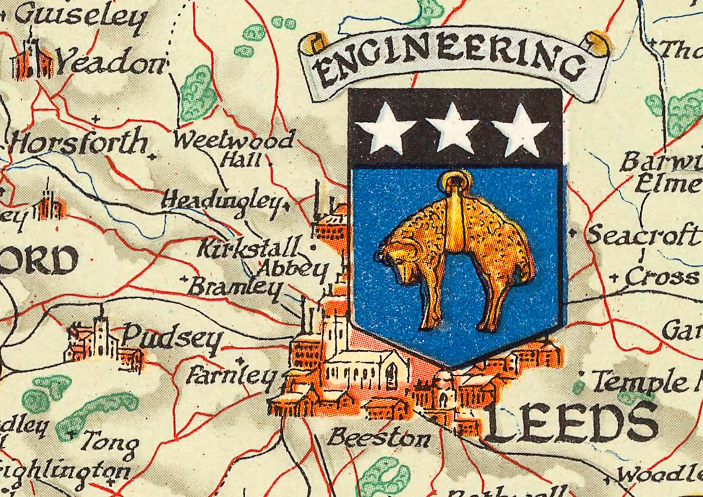 Vintage YORKSHIRE Map, West Riding 1946, Ernest Clegg, pictorial map
