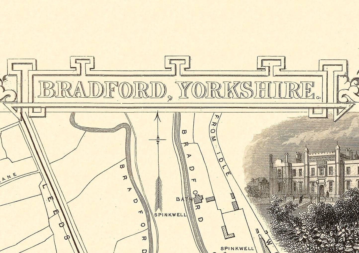 Vintage BRADFORD map c.1851 by John Rapkin, fine reproduction