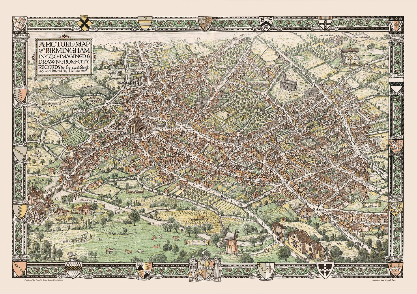 BIRMINGHAM Pictorial Map as imagined 1730, Bernard Sleigh 1923