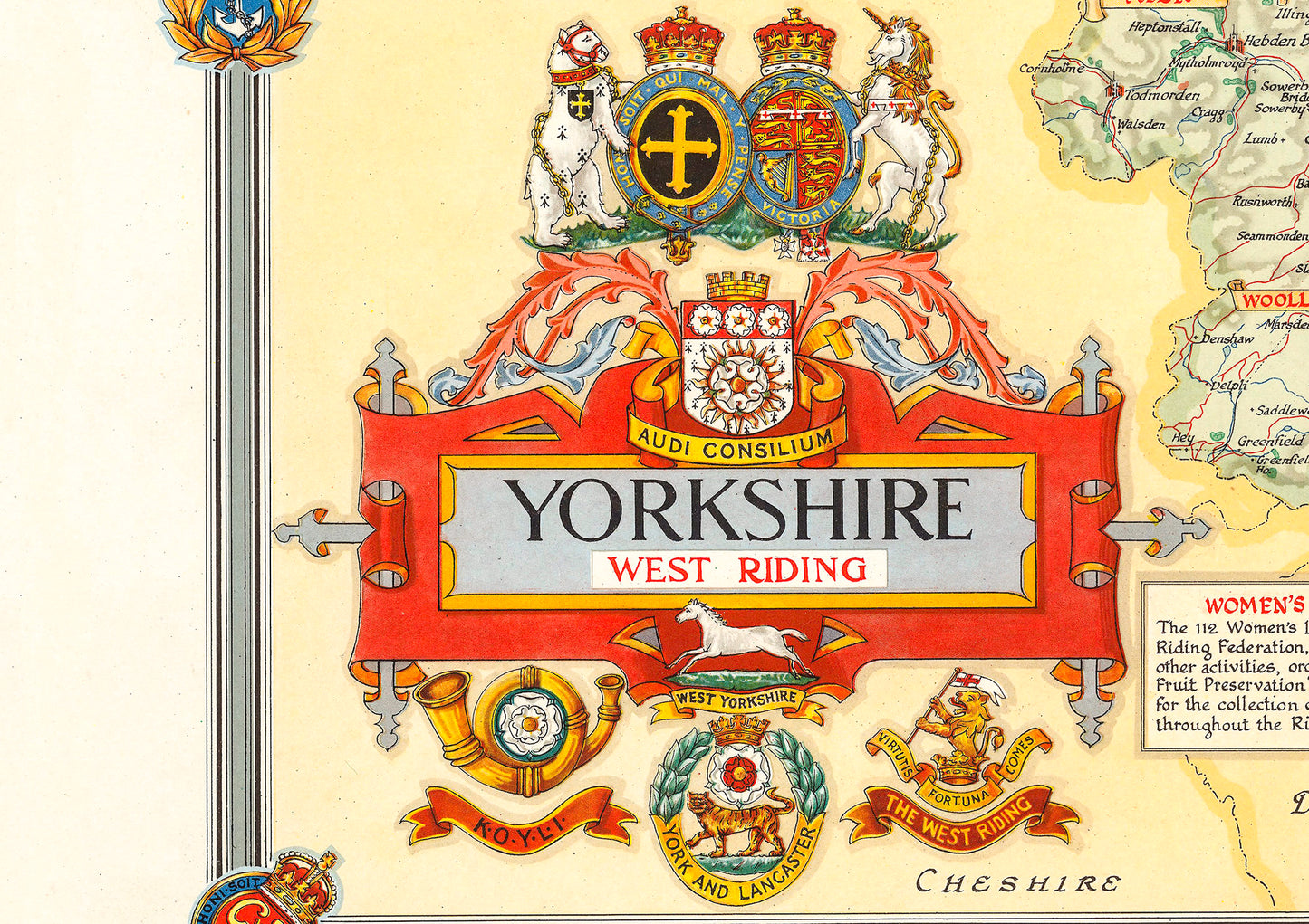 Vintage YORKSHIRE Map, West Riding 1946, Ernest Clegg, pictorial map