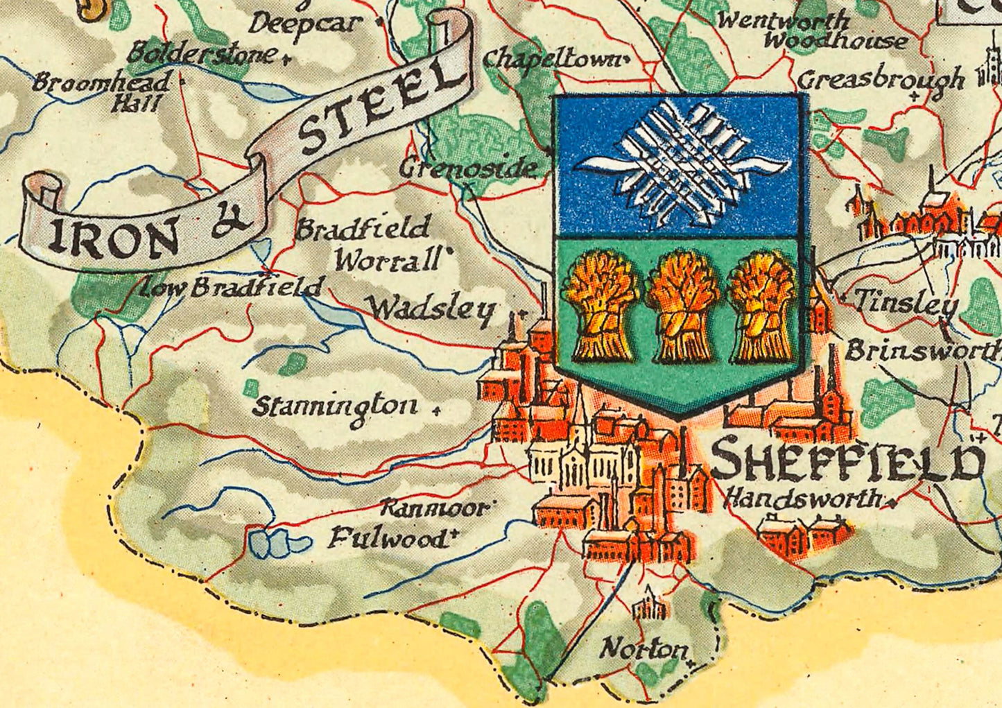 Vintage YORKSHIRE Map, West Riding 1946, Ernest Clegg, pictorial map