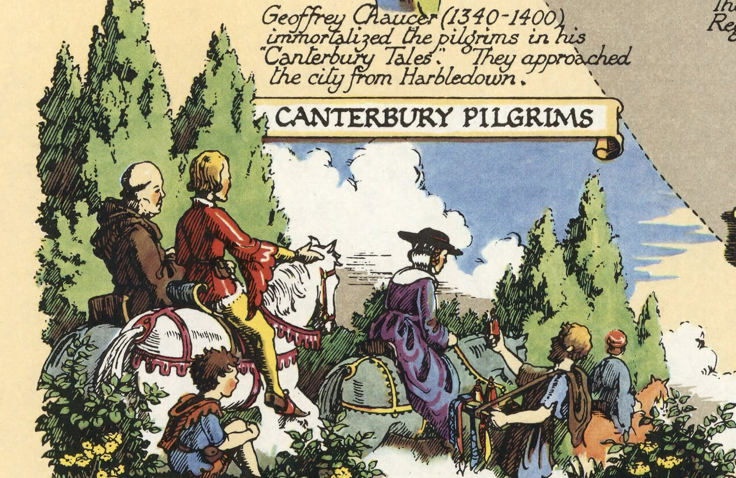 Historic CANTERBURY Map, 1952 by Estra Clark, pictorial map