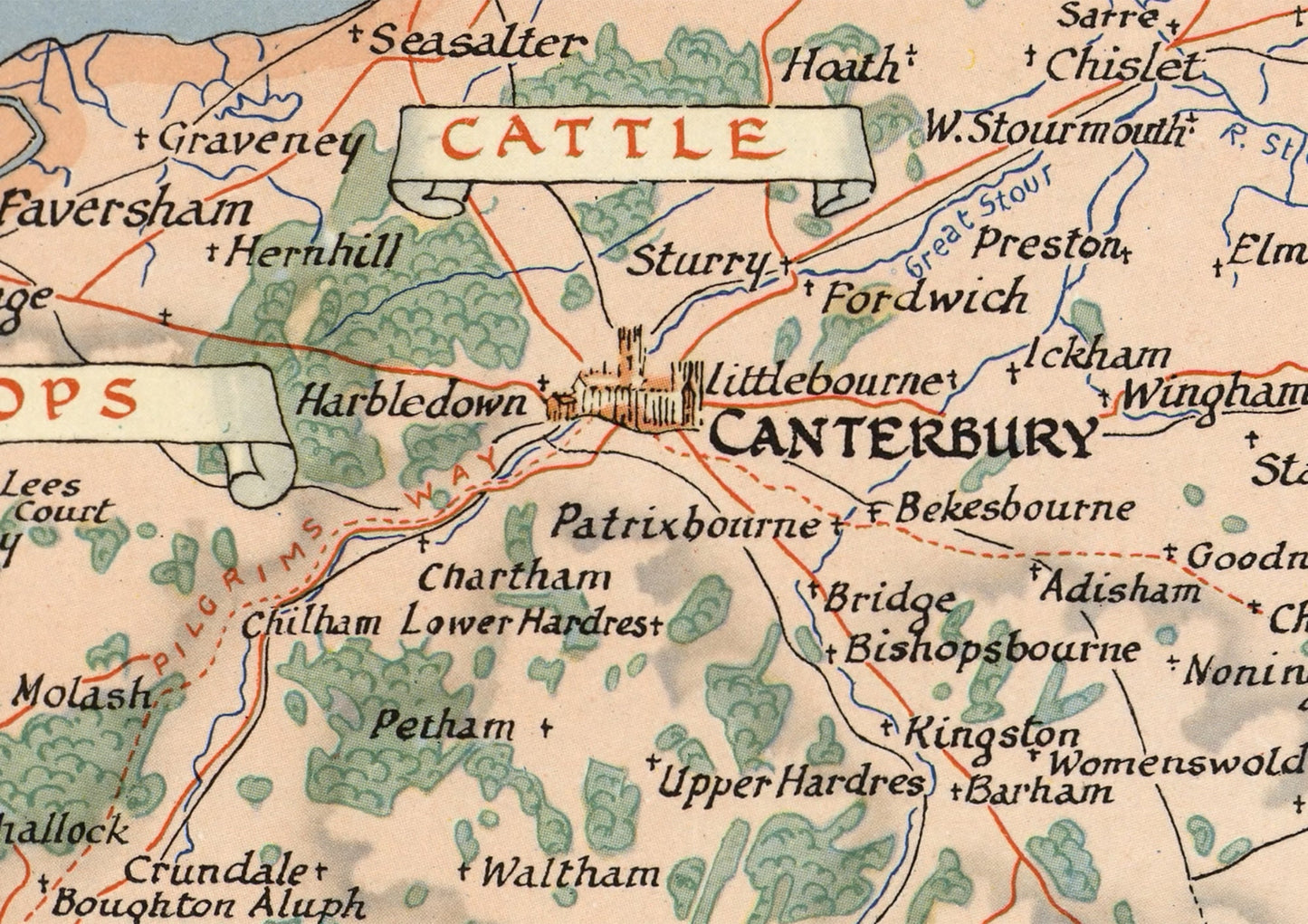 Vintage KENT Map, 1945, Ernest Clegg, pictorial map