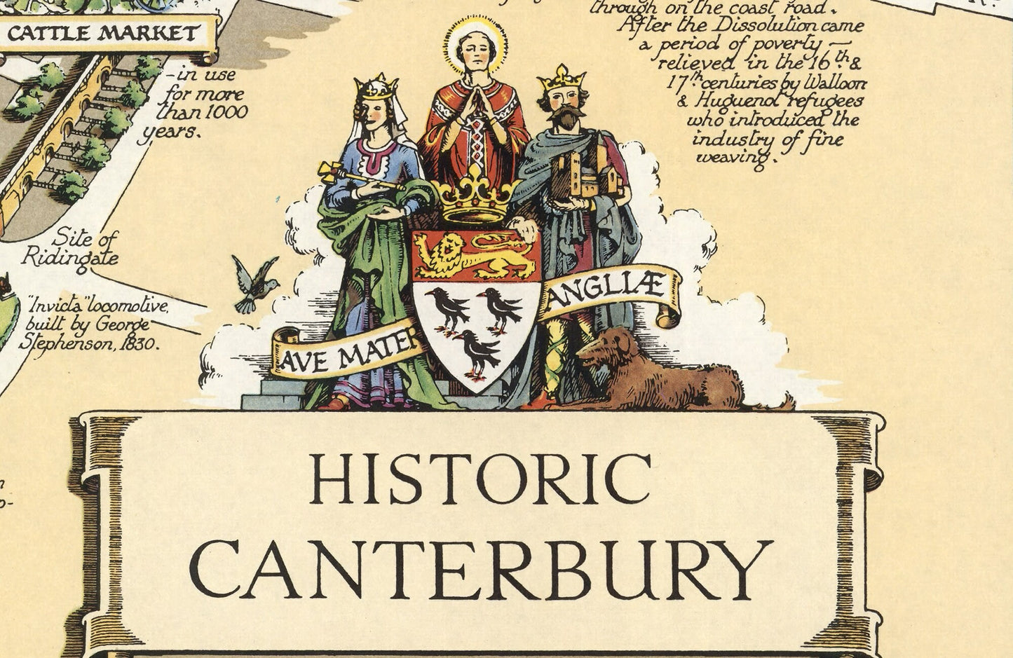 Historic CANTERBURY Map, 1952 by Estra Clark, pictorial map