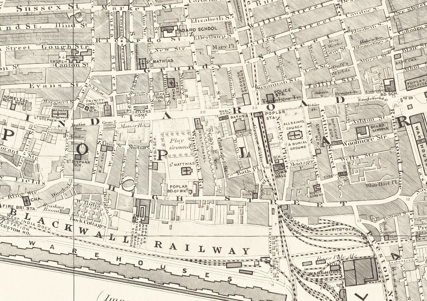 Old LONDON map 1877 Poplar, Limehouse and Canning Town Sheet 12