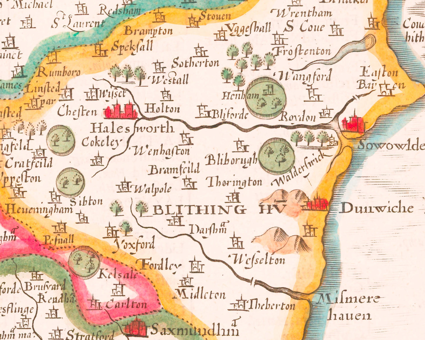 Vintage SUFFOLKE map John Speed 1610 Ipswich Lowestoft Felixstowe
