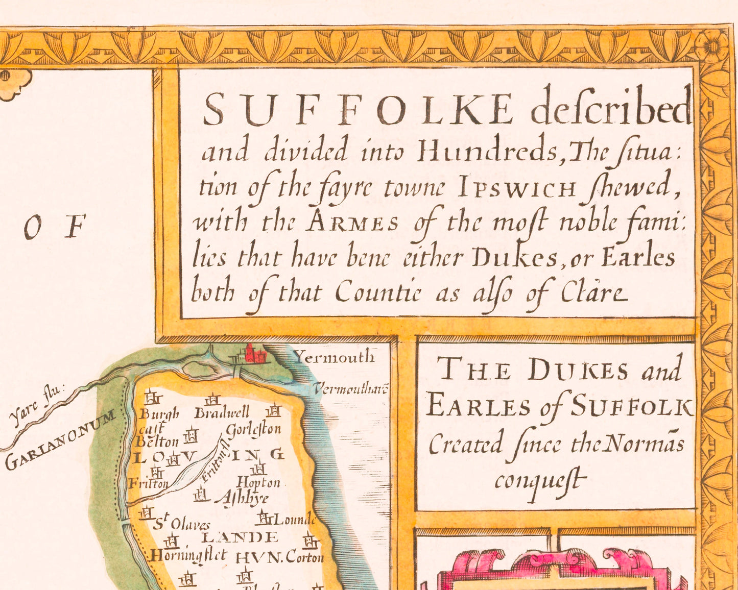 Vintage SUFFOLKE map John Speed 1610 Ipswich Lowestoft Felixstowe