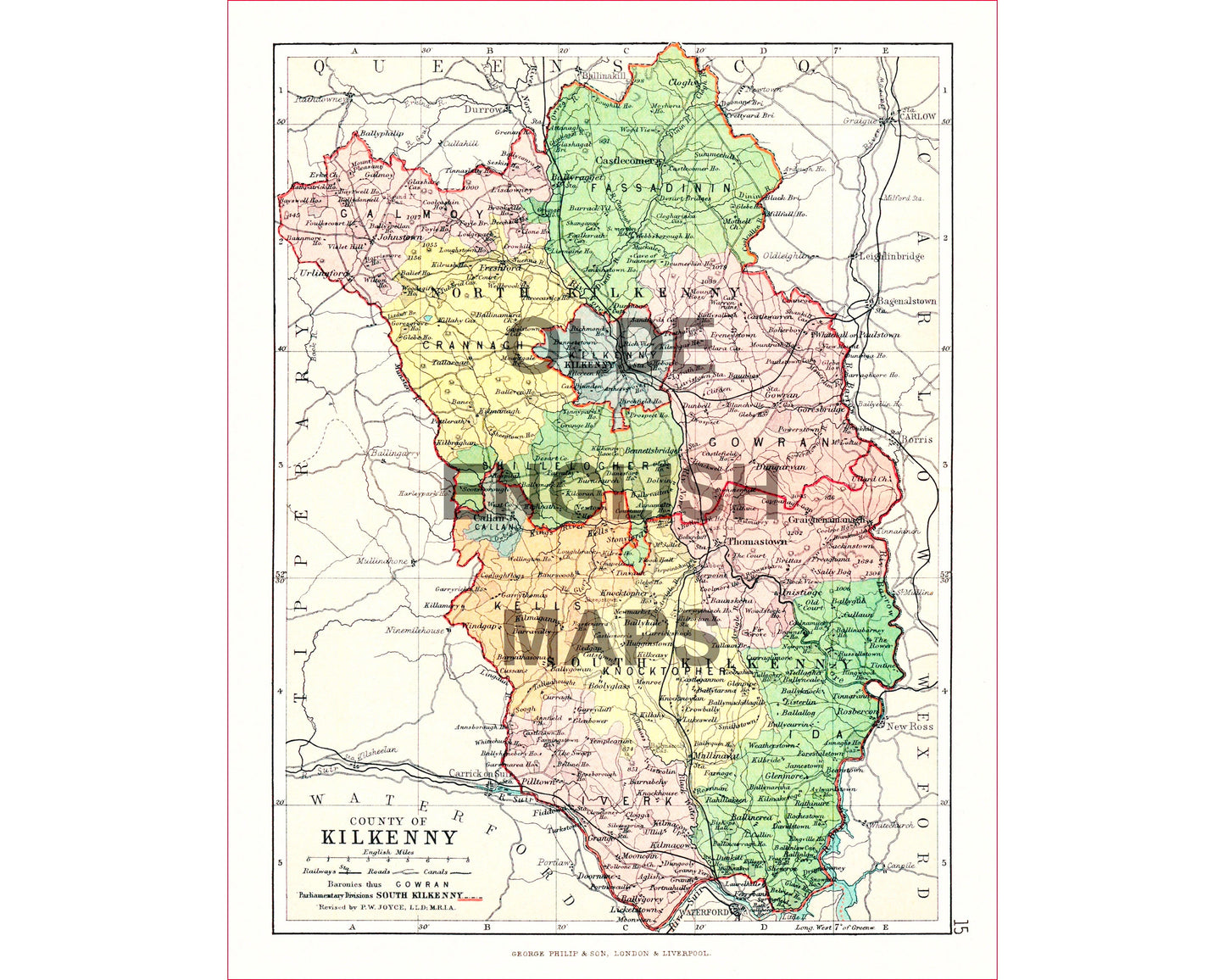 County KILKENNY Antique reproduction Irish Map 1897 by J Bartholomew