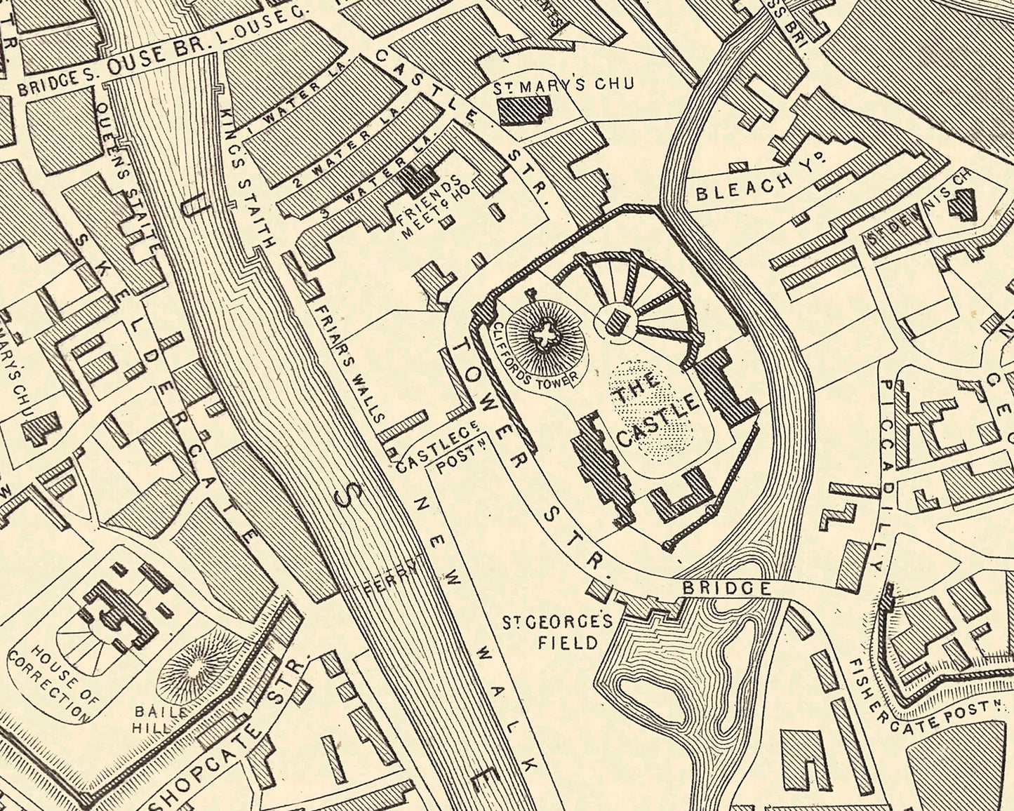 YORK Map 1851 John Tallis - York Minster Cliffords Tower River Ouse