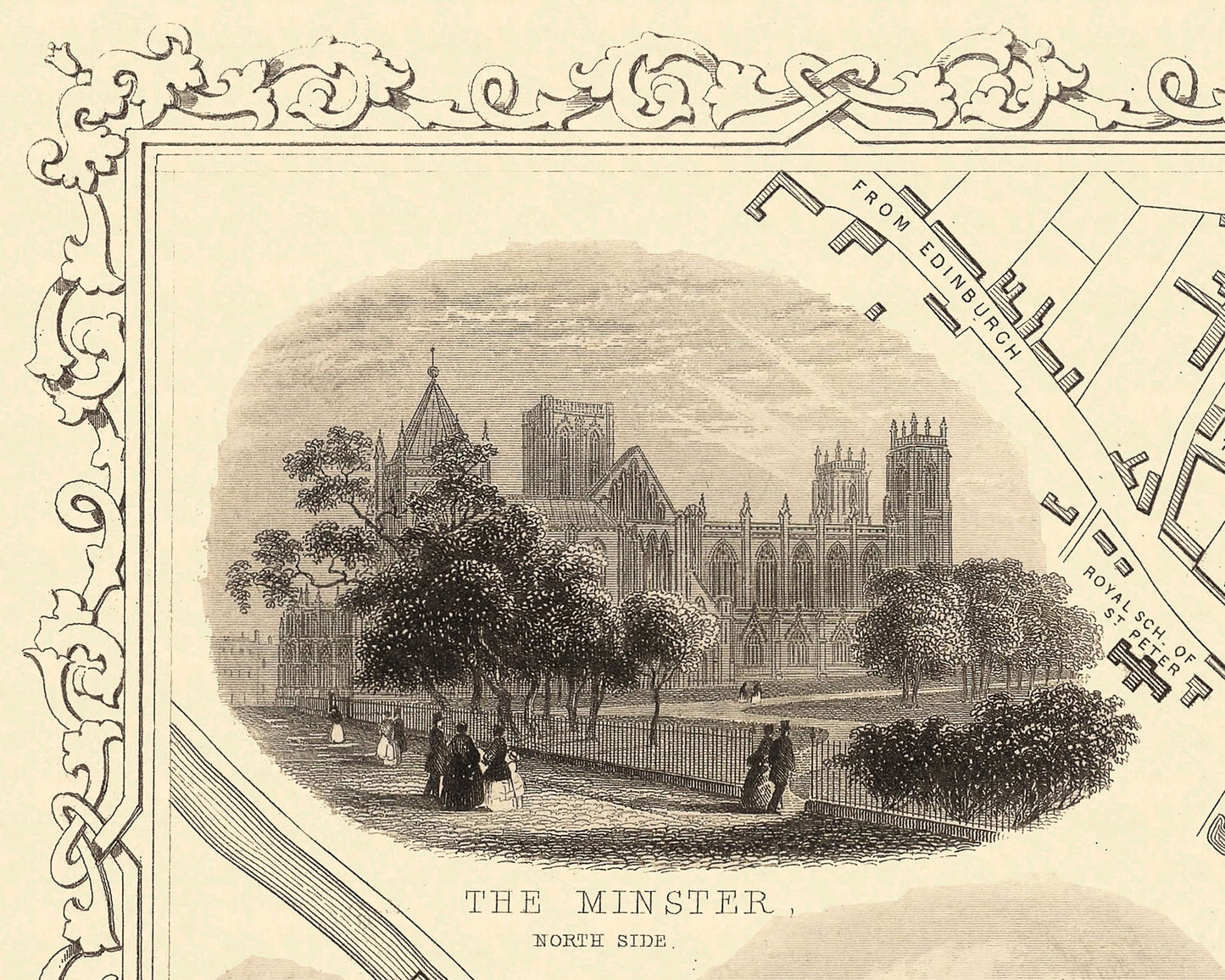 YORK Map 1851 John Tallis - York Minster Cliffords Tower River Ouse