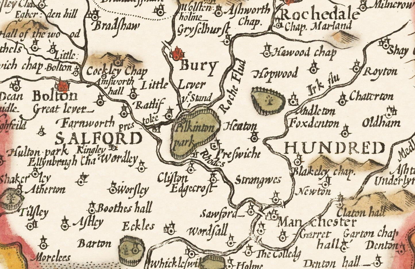 Old LANCASHIRE map 1610 by John Speed - Manchester Liverpool Lancaster