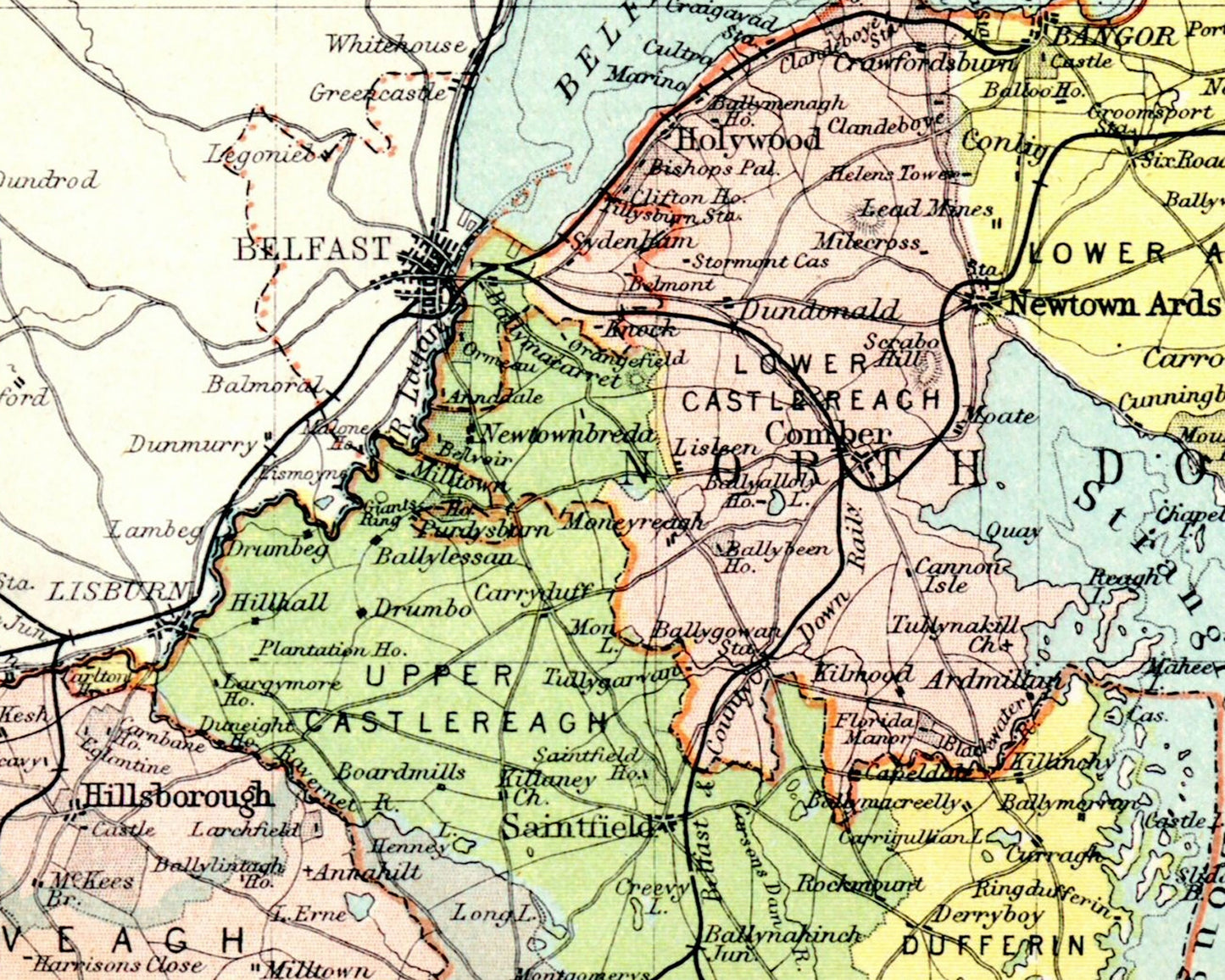 County DOWN Antique reproduction Irish Map 1897 by John Bartholomew