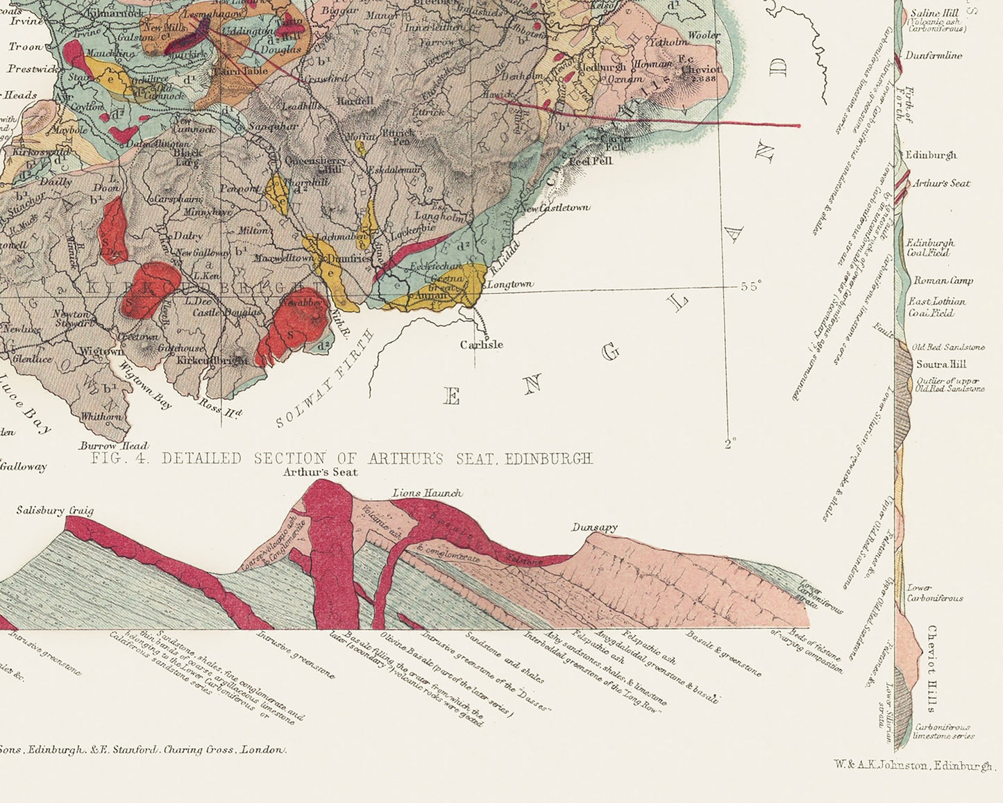 Exceptional Old GEOLOGICAL map of SCOTLAND 1862 Roderick Murchison