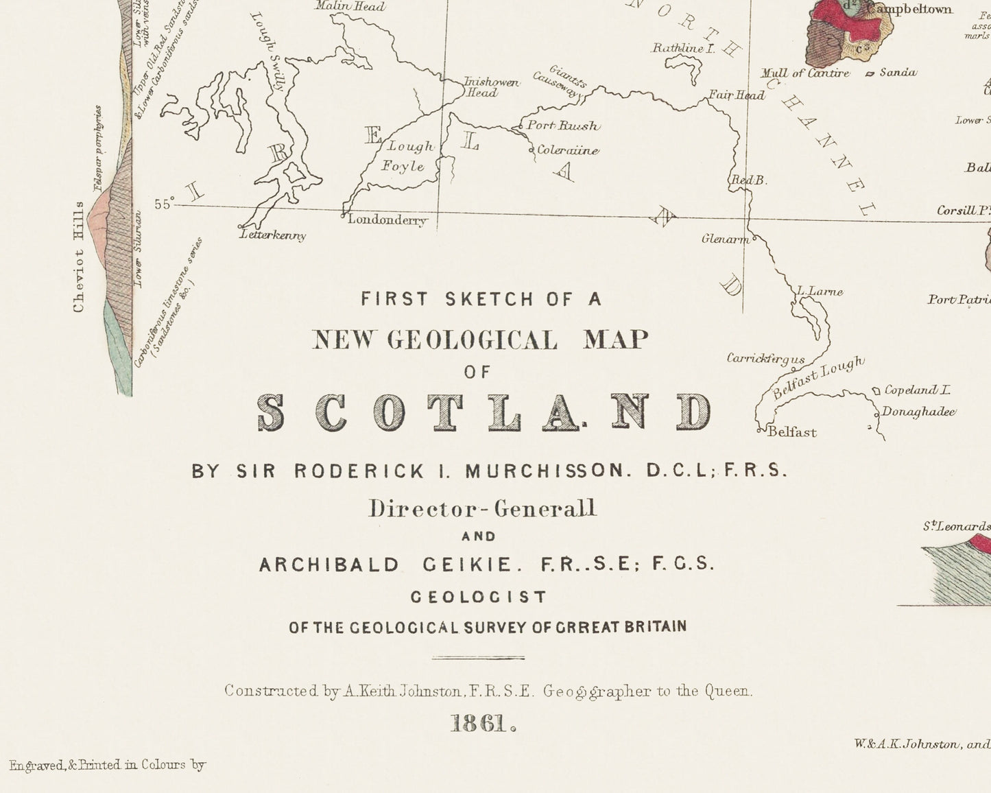 Exceptional Old GEOLOGICAL map of SCOTLAND 1862 Roderick Murchison