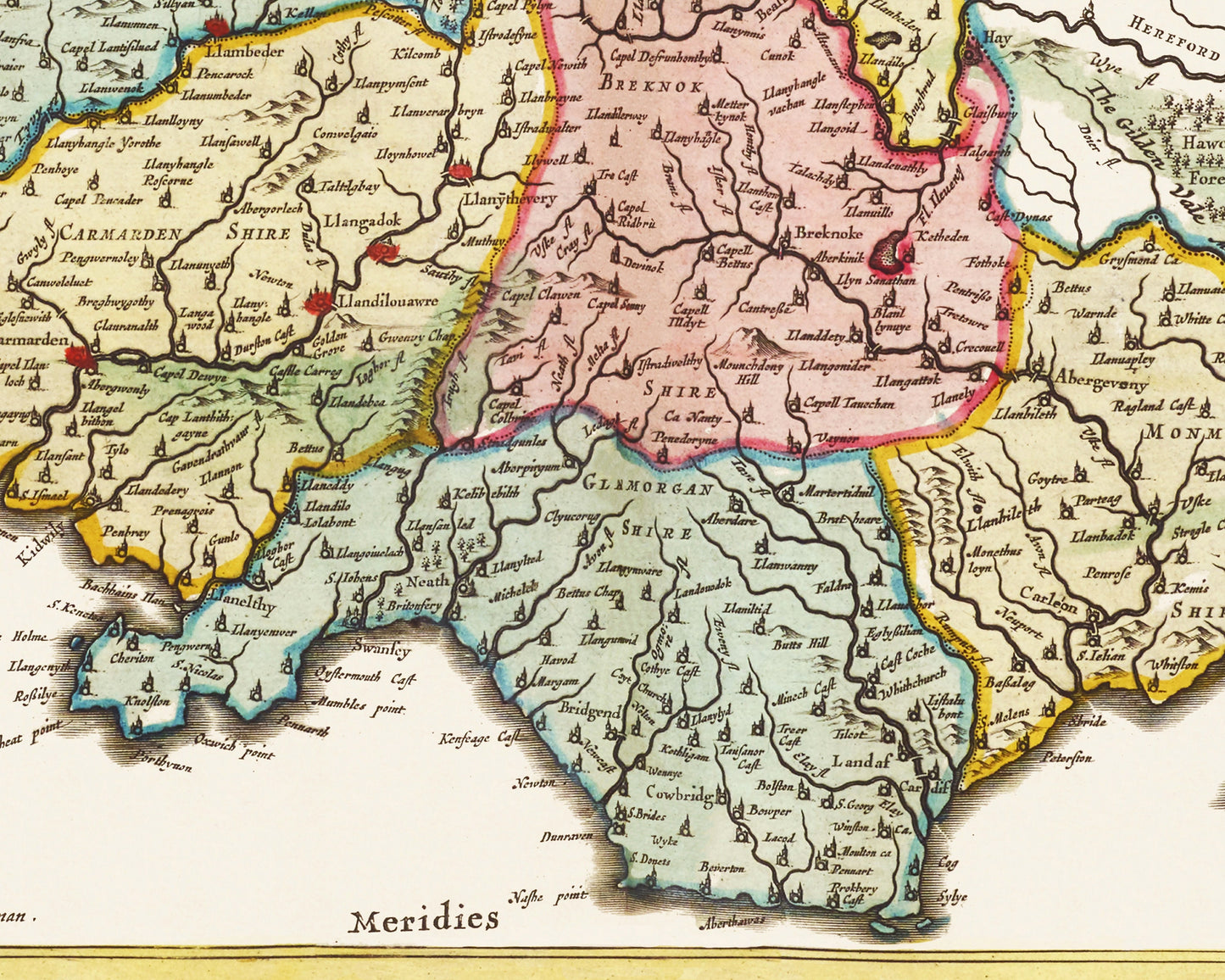 Stunning Old WALES Map by Joan Blaeu 1645 - Cardiff Swansea Neath
