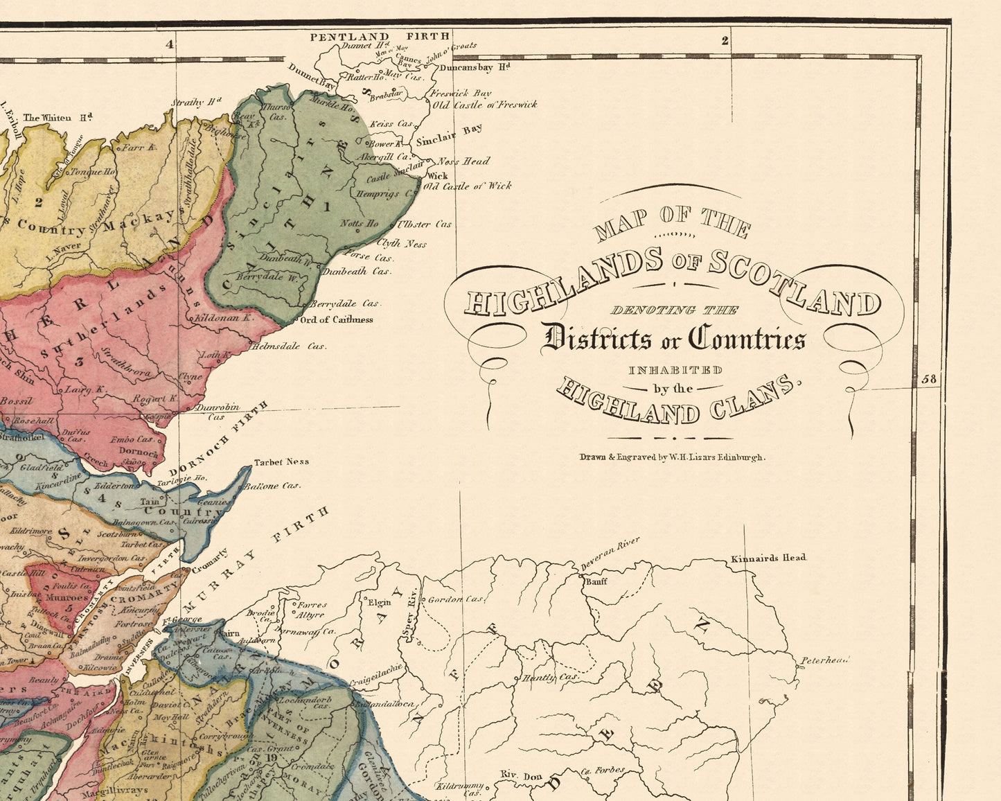 Old SCOTLAND CLAN Map of the Highlands of Scotland by W Lizars 1822