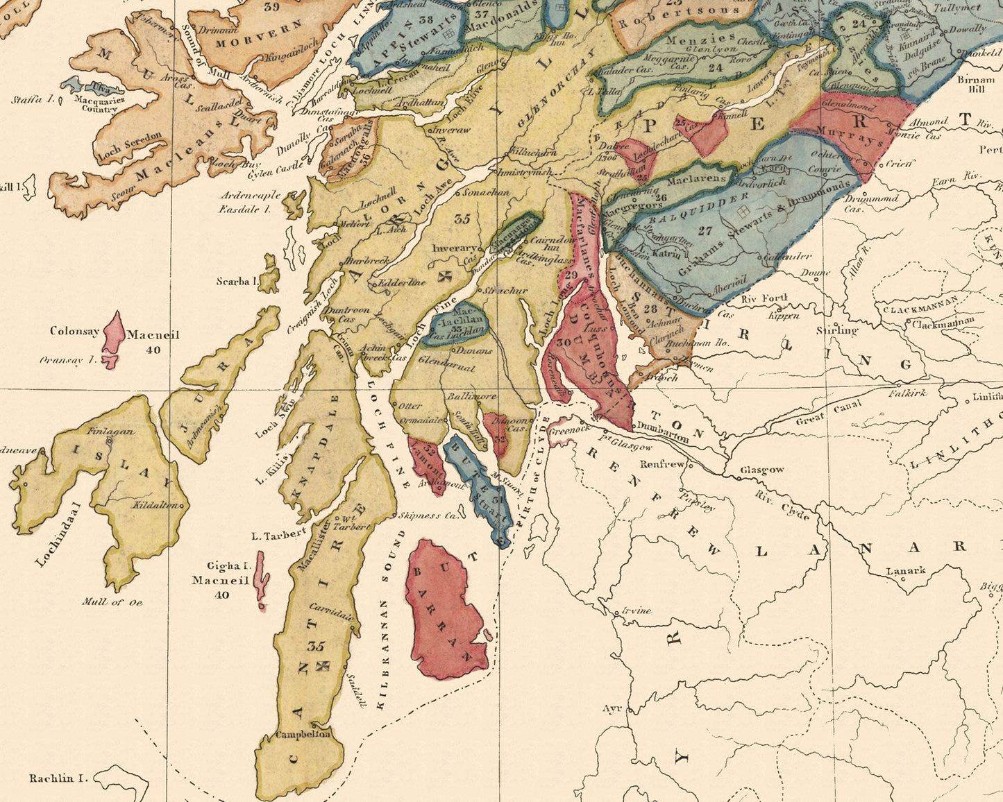 Old SCOTLAND CLAN Map of the Highlands of Scotland by W Lizars 1822
