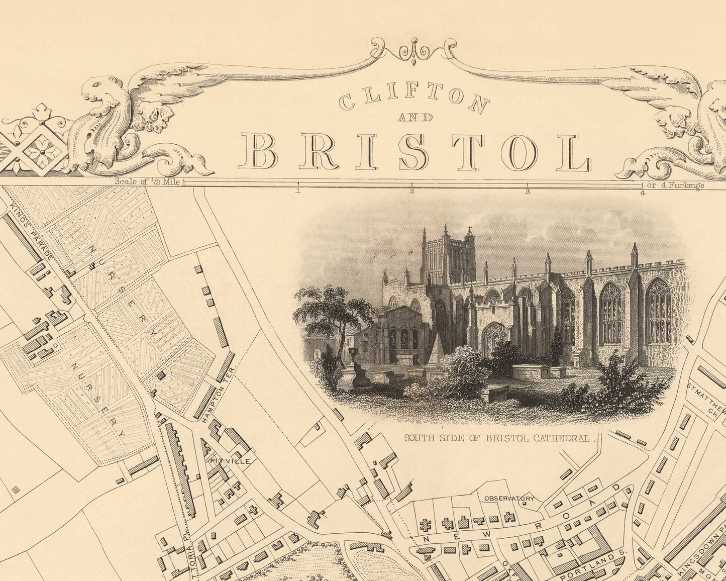 Victorian BRISTOL and Clifton map c.1851 by Tallis fine reproduction