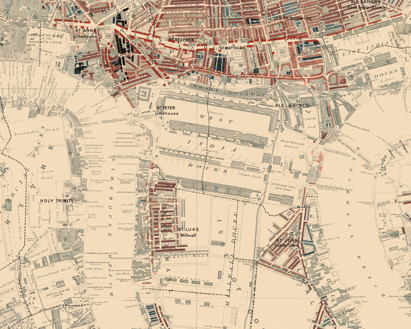 LONDON POVERTY Map Isle of Dogs, Poplar 1898-9 Charles Booth