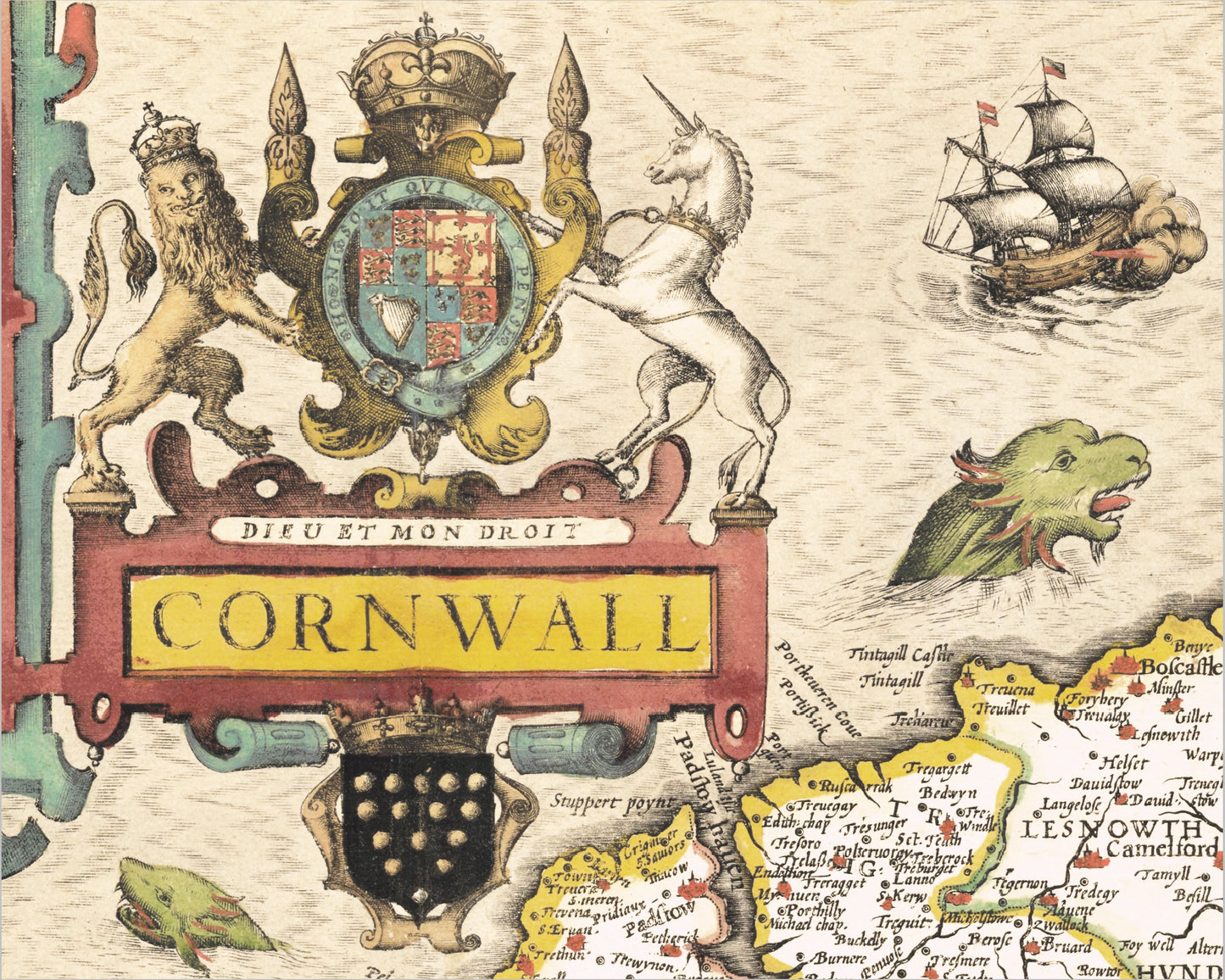 Rare Old CORNWALL map 1611 by John Speed - St Ives Penzance Lands End