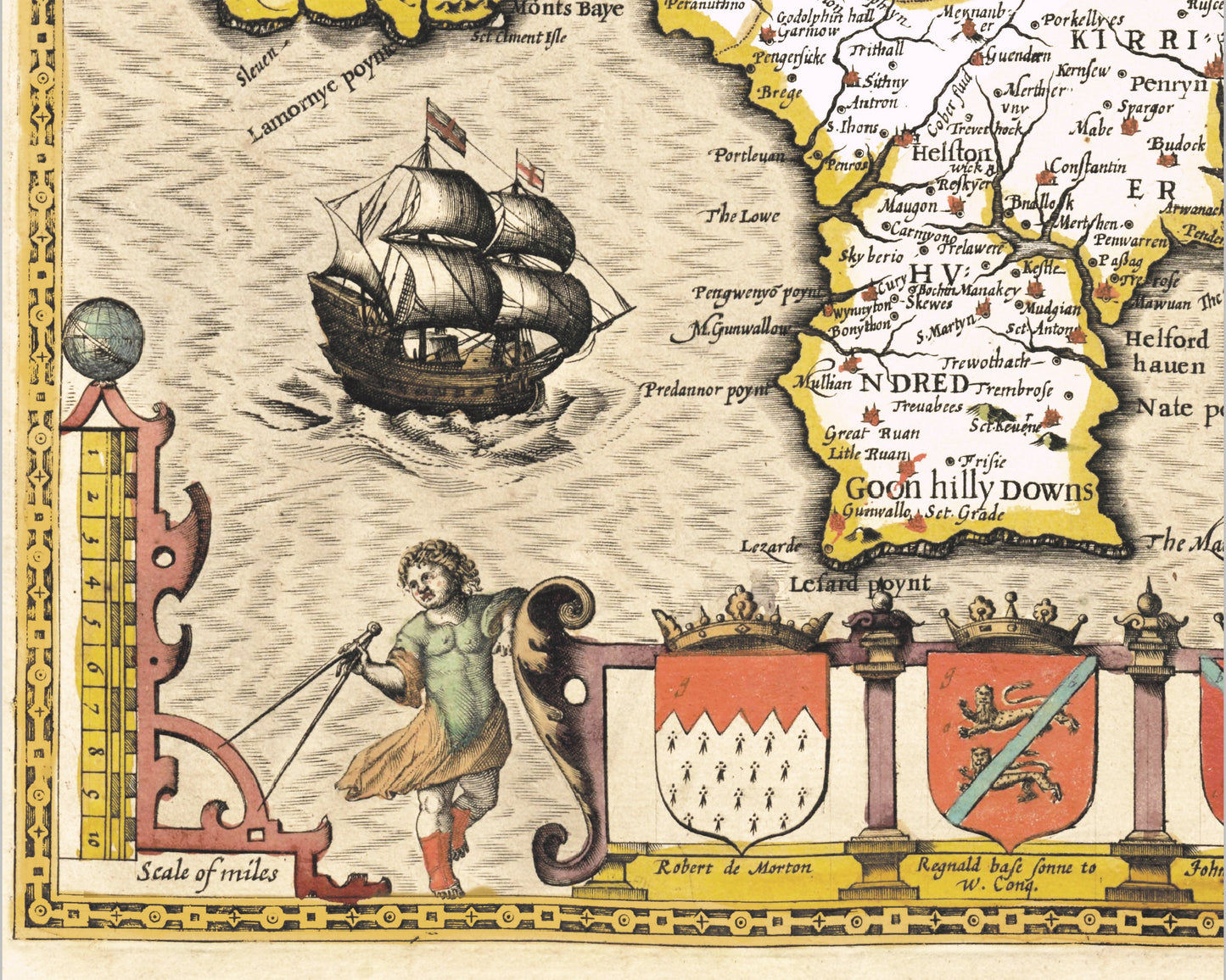 Rare Old CORNWALL map 1611 by John Speed - St Ives Penzance Lands End