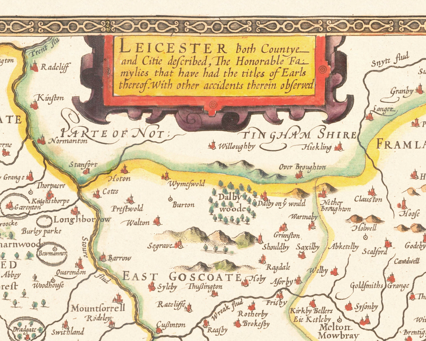 Old LEICESTERSHIRE map John Speed 1611 - Leicester Loughborough