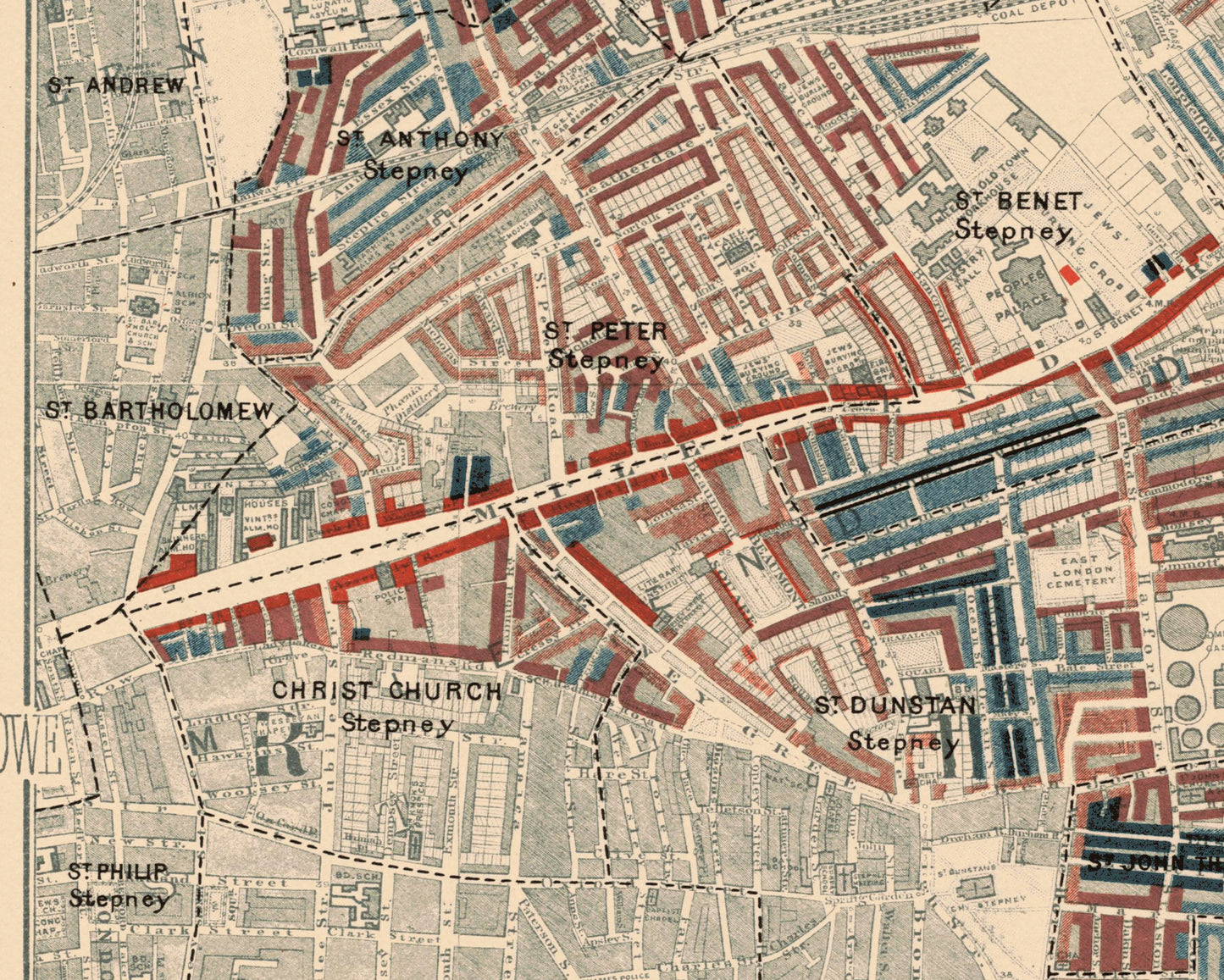 LONDON POVERTY Map Isle of Dogs, Poplar 1898-9 Charles Booth