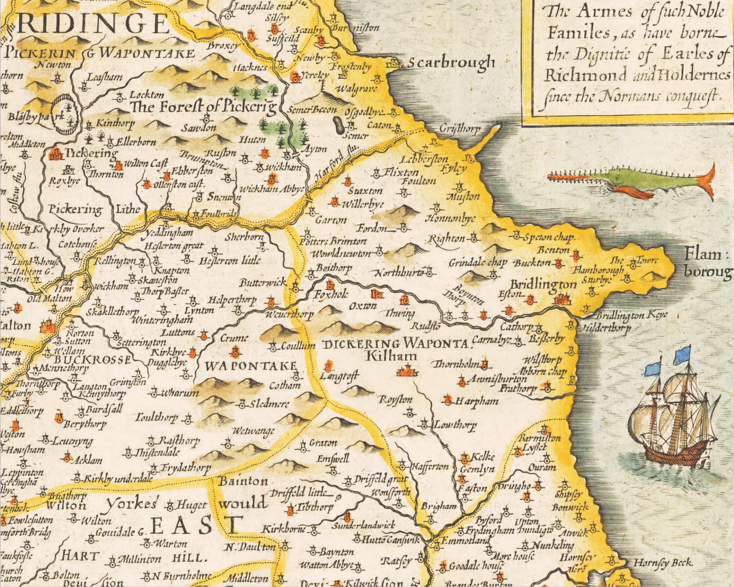 YORKSHIRE North and East Ridings Map John Speed 1676 Richmond Hull