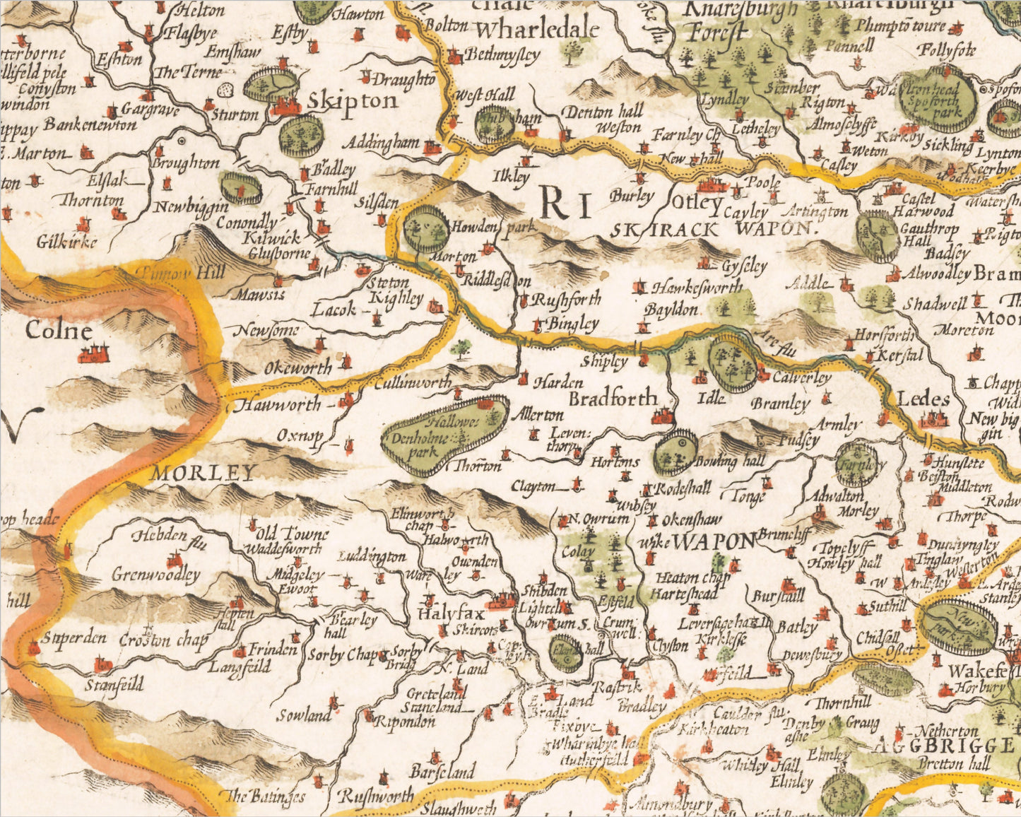 West Riding of YORKSHIRE Vintage Map by John Speed 1610 Leeds Bradford
