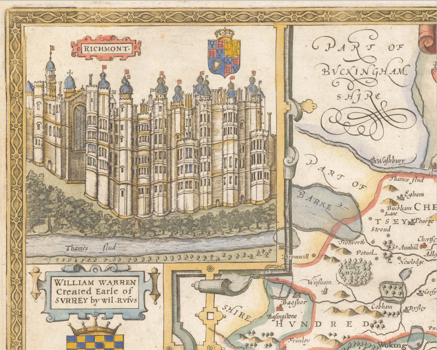 SURREY Old Map by John Speed 1676 Woking Guildford Richmond Croydon