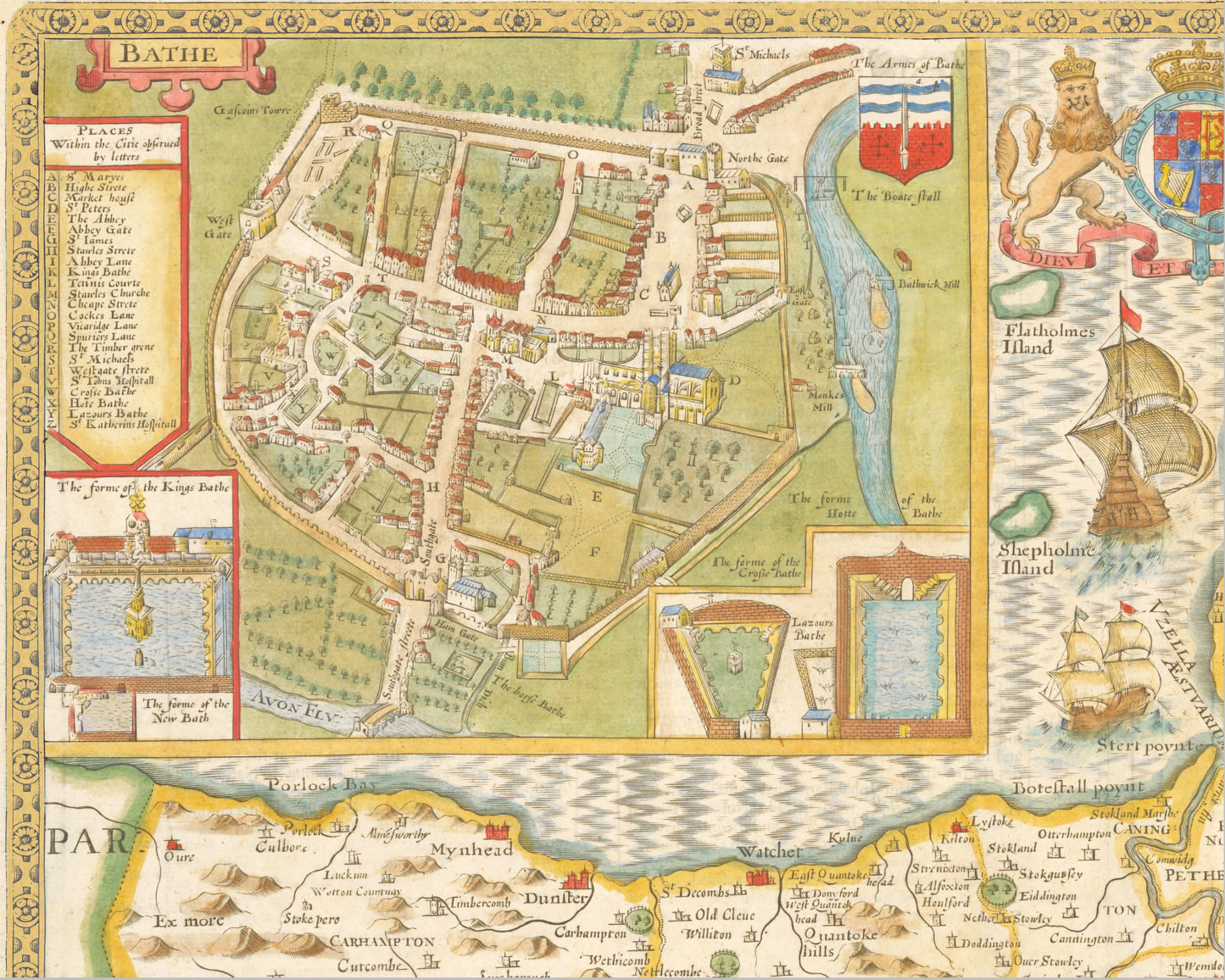 Old SOMERSET map John Speed 1611 Bath Taunton Glastonbury Portishead