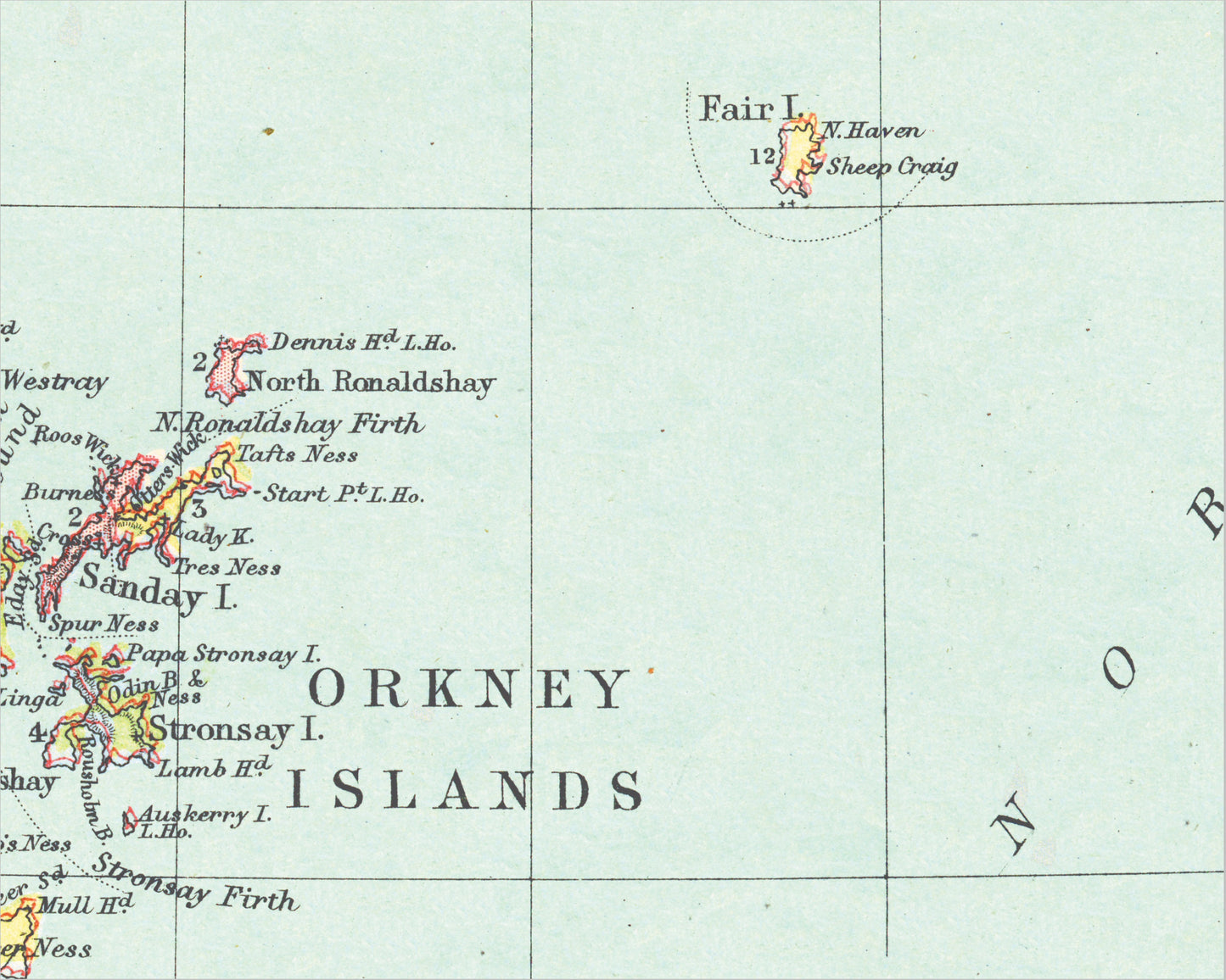 ORKNEY and SHETLAND Islands Map 1886 Yell Bresay Sanday Westray Unst