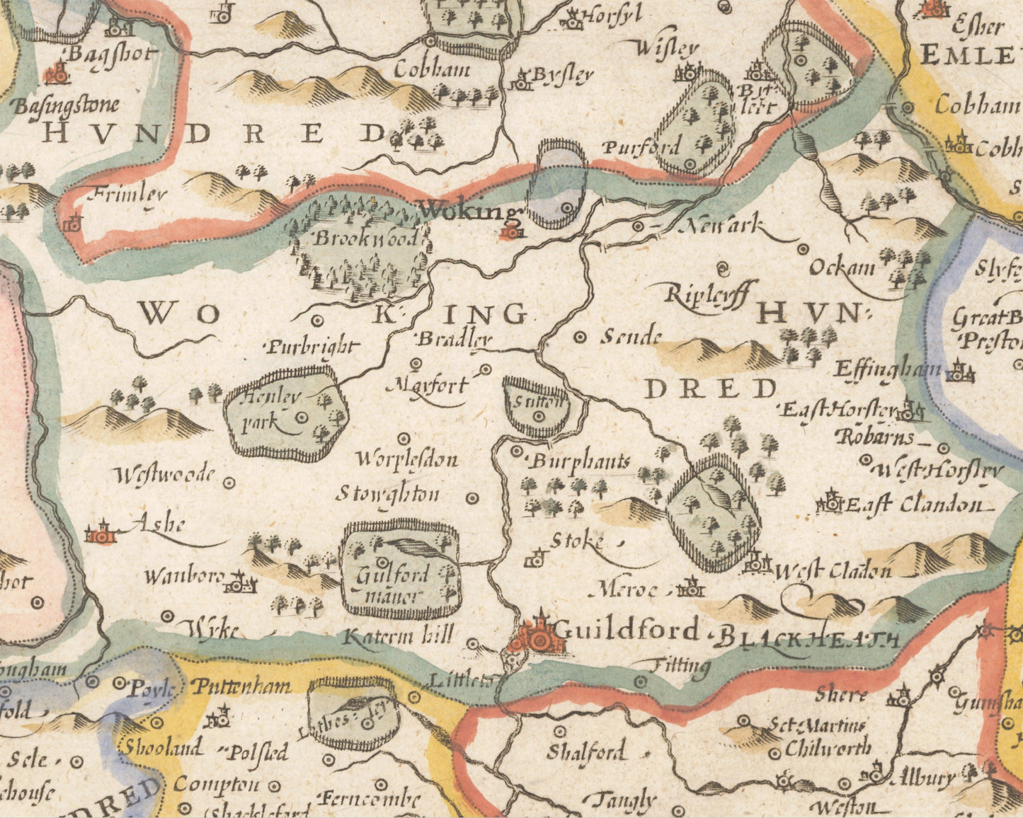 SURREY Old Map by John Speed 1676 Woking Guildford Richmond Croydon