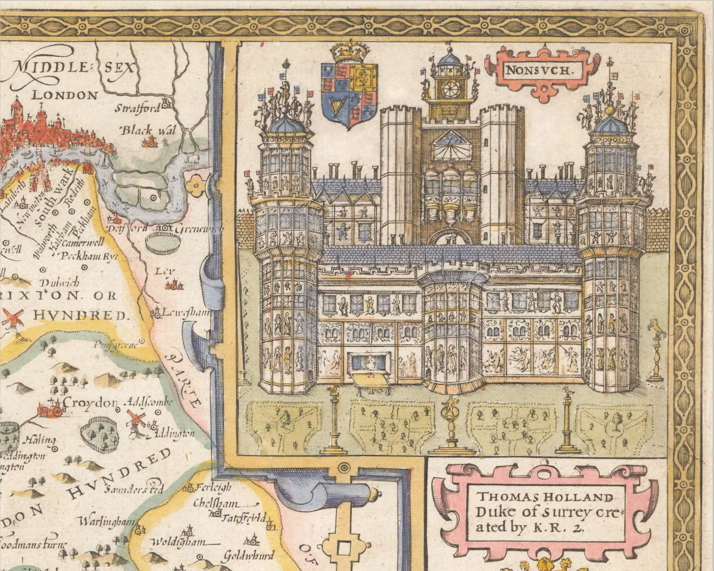SURREY Old Map by John Speed 1676 Woking Guildford Richmond Croydon