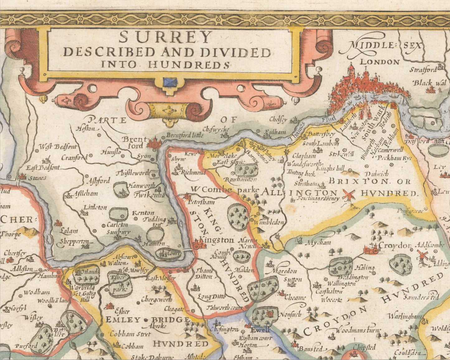 SURREY Old Map by John Speed 1676 Woking Guildford Richmond Croydon