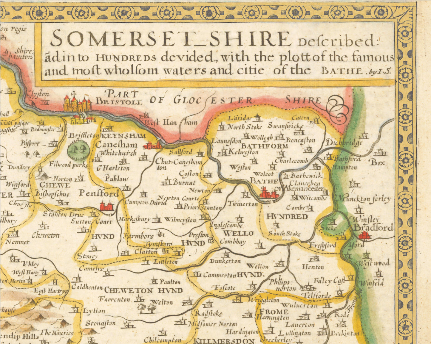 Old SOMERSET map John Speed 1611 Bath Taunton Glastonbury Portishead