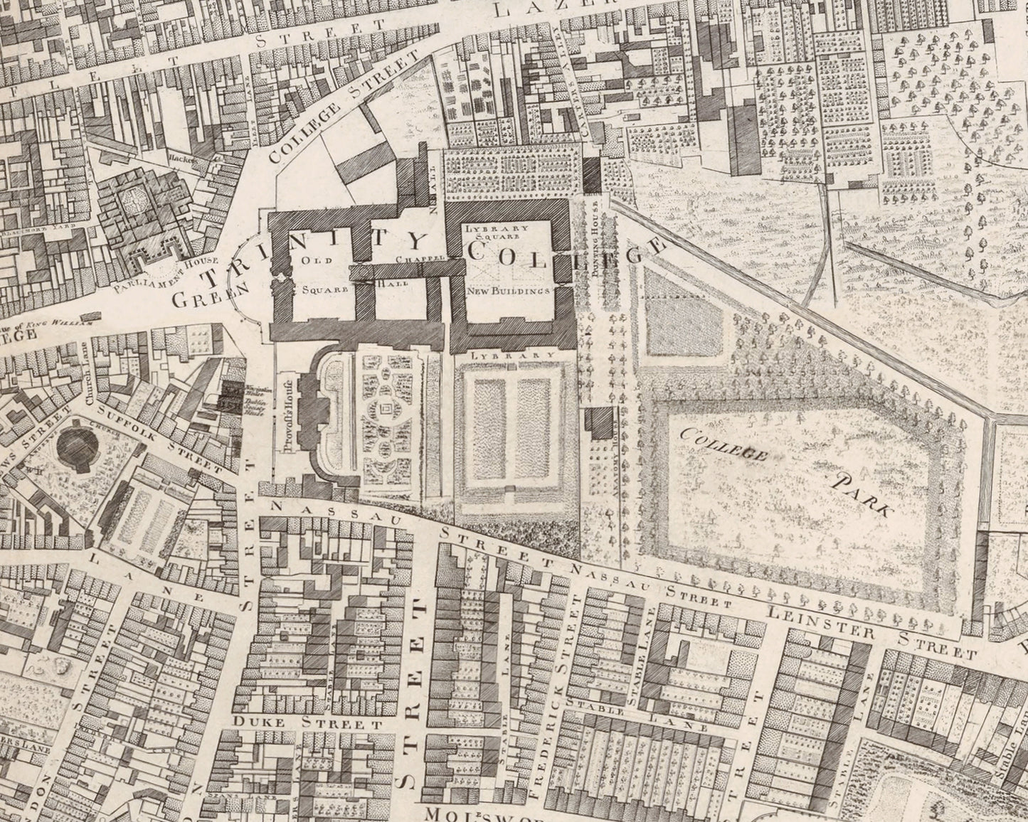 Old DUBLIN Map 1773 by John Rocque - River Liffey, Trinity College, Castle