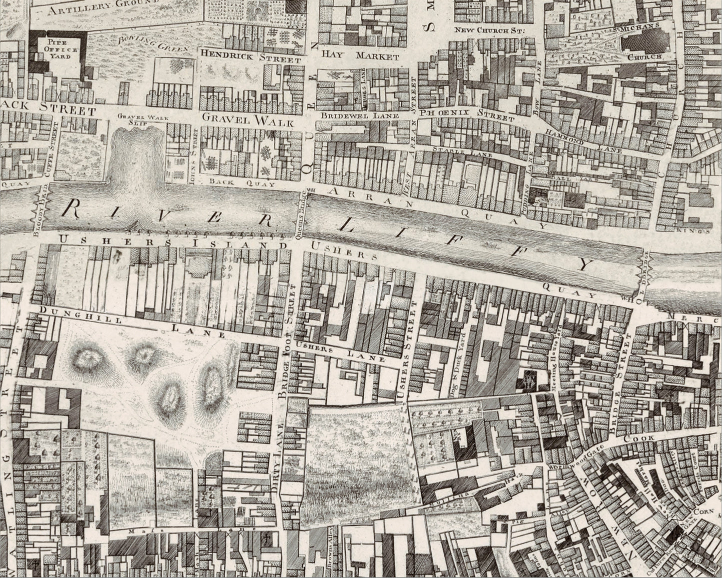 Old DUBLIN Map 1773 by John Rocque - River Liffey, Trinity College, Castle