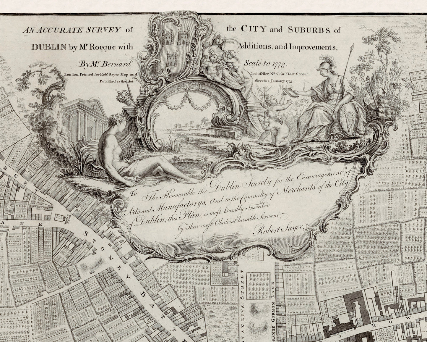 Old DUBLIN Map 1773 by John Rocque - River Liffey, Trinity College, Castle