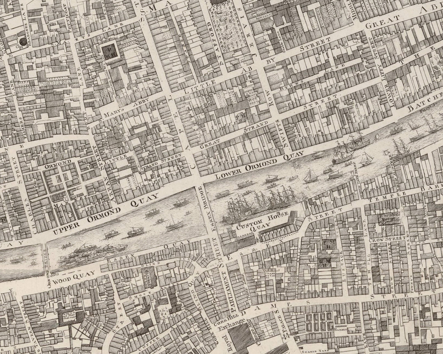 Old DUBLIN Map 1773 by John Rocque - River Liffey, Trinity College, Castle