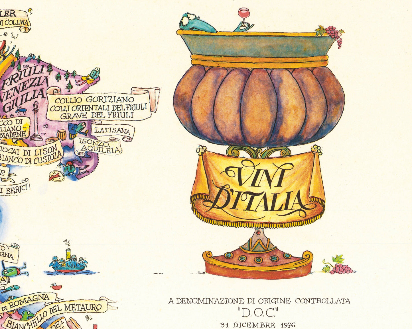 Pictorial WINE map of ITALY Sardinia and Sicily - Vini D'Italia 1976