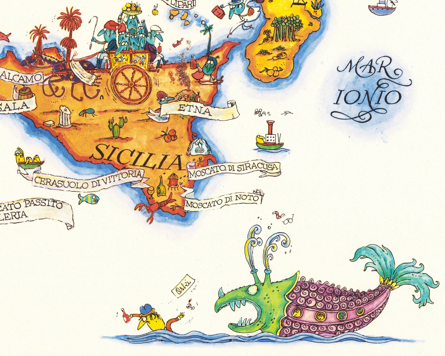 Pictorial WINE map of ITALY Sardinia and Sicily - Vini D'Italia 1976