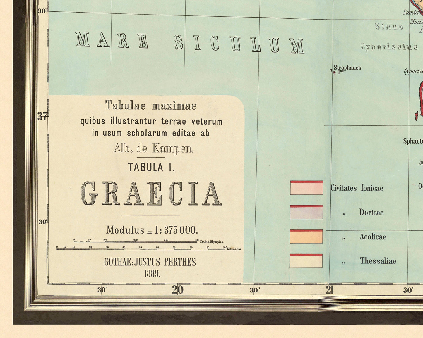 GRAECIA Fascinating Classical GREECE map by Albert Von Kampen 1889