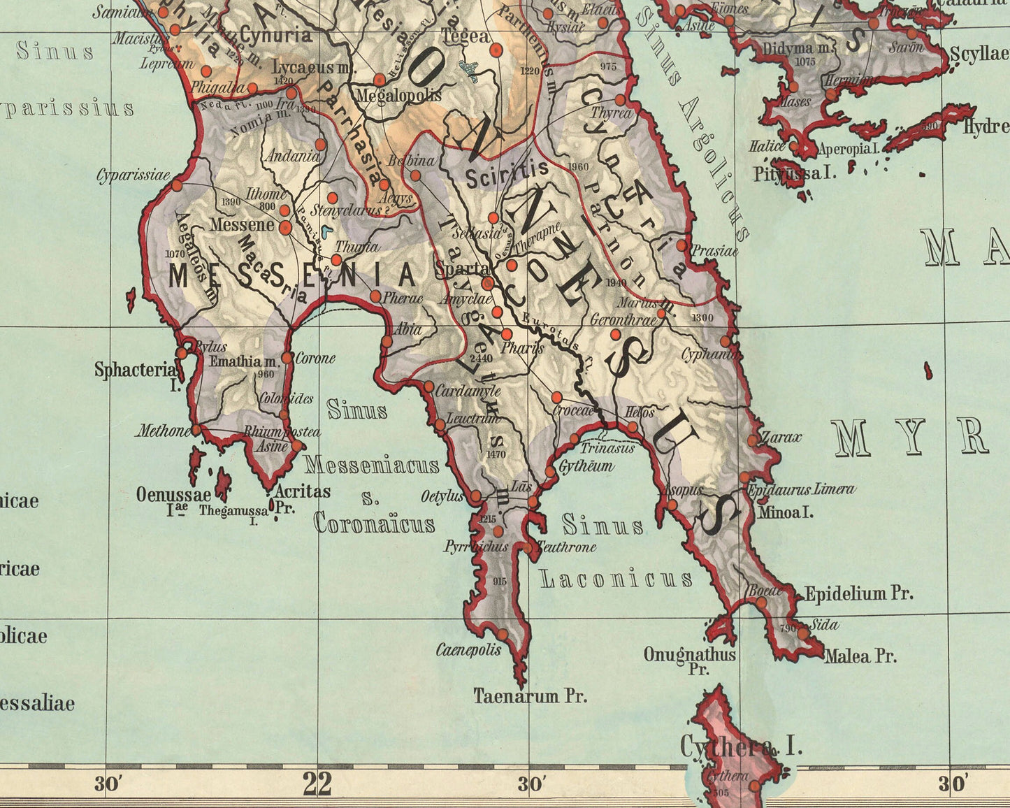 GRAECIA Fascinating Classical GREECE map by Albert Von Kampen 1889