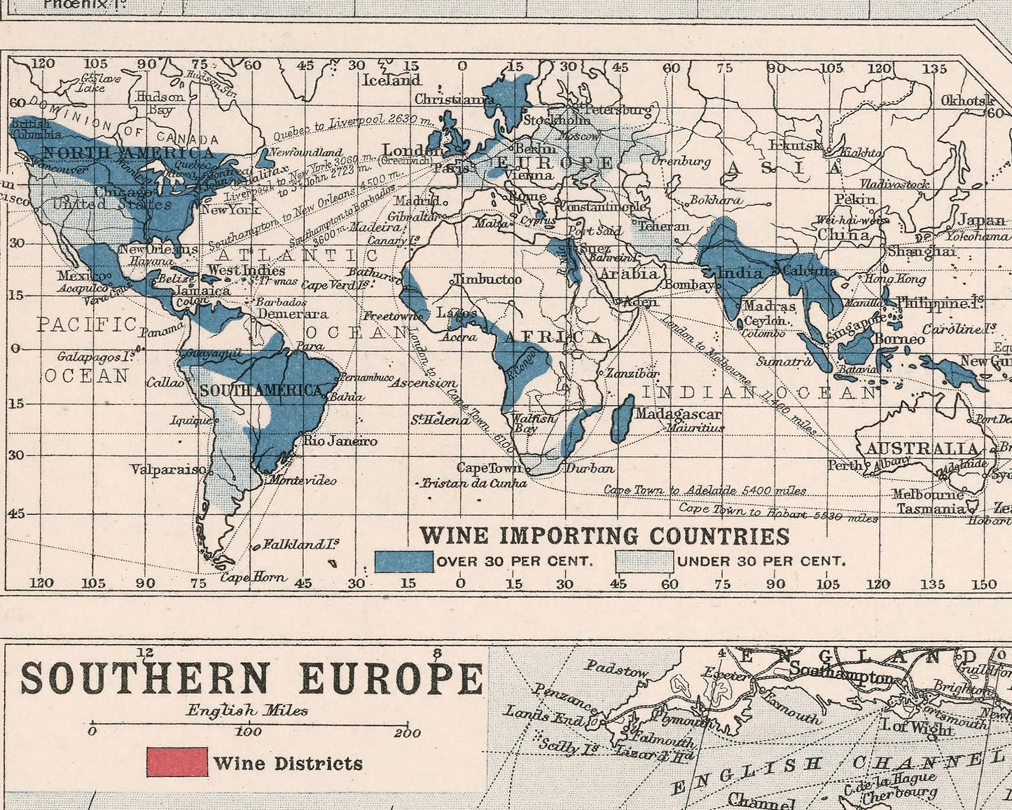 WINE growing Countries Map 1907 vintage reproduction JG Bartholomew