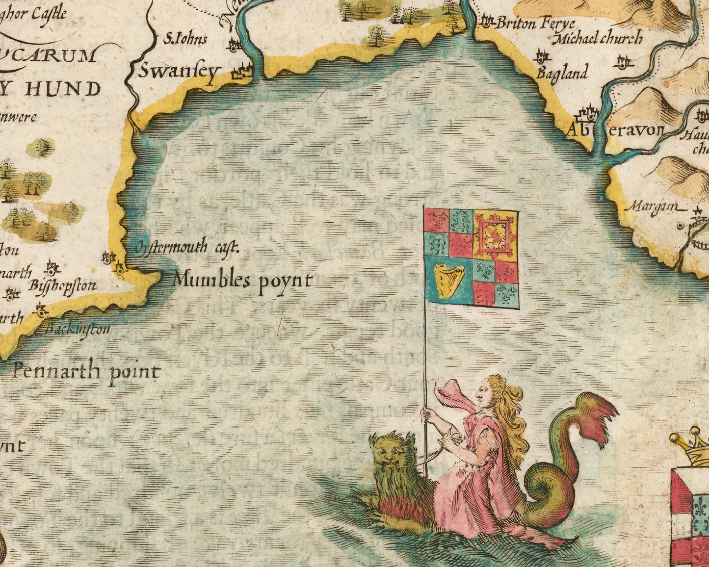 Old GLAMORGAN map by John Speed 1611 Cardiff Swansea Neath Bridgend