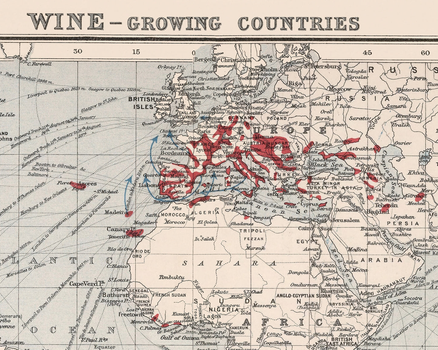 WINE growing Countries Map 1907 vintage reproduction JG Bartholomew